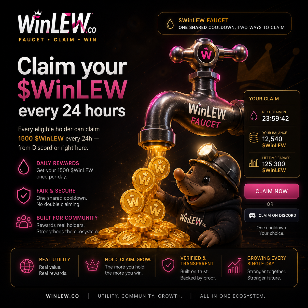 WinLEW Faucet — claim your $WinLEW on a fixed cooldown, from the website or Discord
